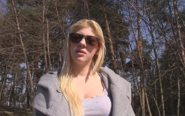 Cute blonde sucks cock outside