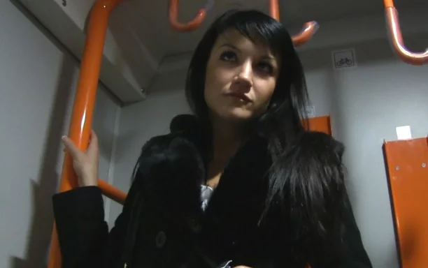 Raven Haired Hottie Gets A Hot Cumshot On A Speeding Train